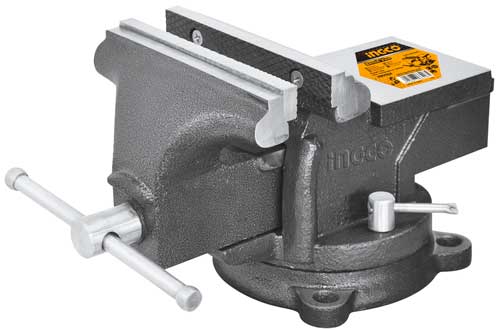 INGCO 4" (100mm) Heavy-Duty Mechanics Bench Vise (Étau de Établi) – 360-Degree Swivel Base, Integrated Anvil, 1,300 kg Clamping Force, Ductile Cast Iron Body, and Pipe Gripping Jaws (HBV084)