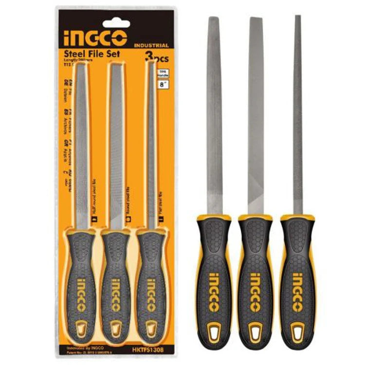 Ingco 3-Piece Machinist Steel File Set (8" / 200mm) | Premium T12 Alloy Steel High-Bastard Metal Filing Kit (HKTFS1308)