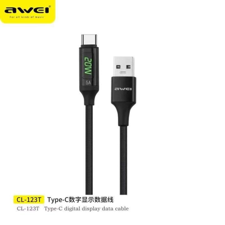 AWEI CL-123T Digital Display Fast Charing Data Cable PD 22.5W Type C Charging Cable with Braided Wire LED Digital Display Bend Resistant