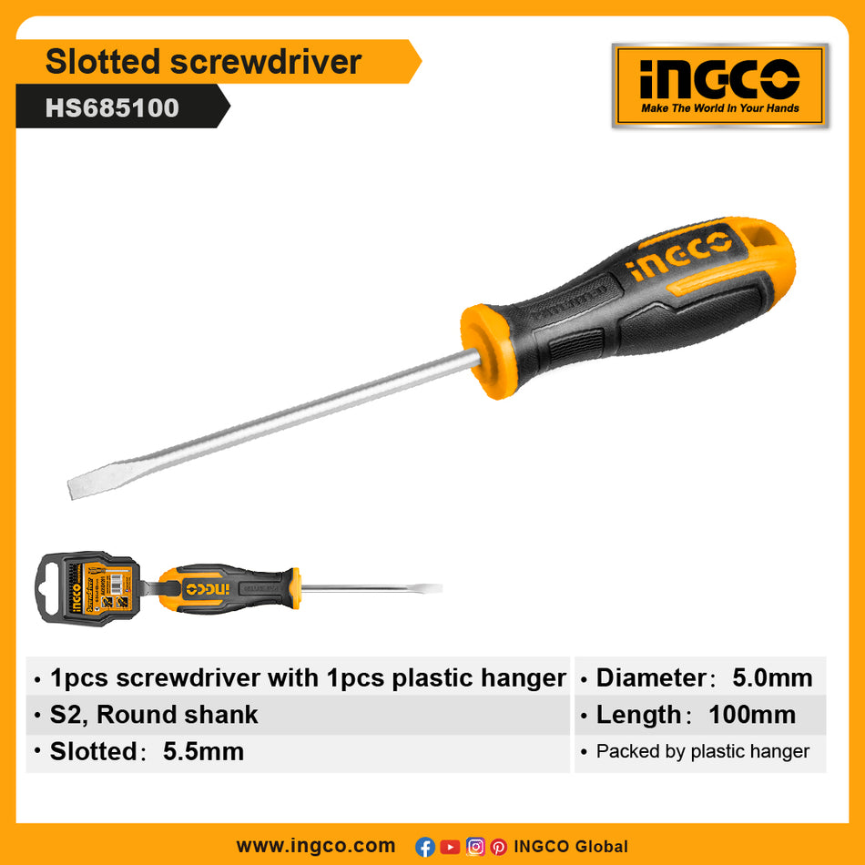 Ingco 5.5mm Slotted Screwdriver | Heavy-Duty 100mm Premium Round Shank Magnetic Tip Flat Head Screwdriver with Ergonomic Two-Color Soft Grip Handle (HS685100)