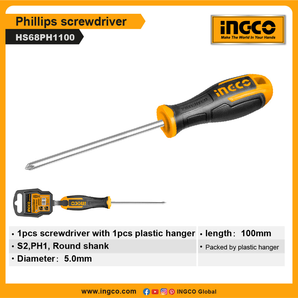 Ingco PH1 x 100mm Professional Industrial Philips Screwdriver – Heavy-Duty Magnetic Chrome-Vanadium Tip Cross-Head Fastening Tool with Ergonomic Grip (HS68PH1100)