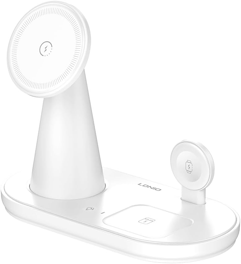 LDNIO WL01 5-in-1 Desktop Wireless Charging Station with 15W Mobile Phone Wireless + Earphones 5W + Watch 2.5W + Magnetic Stand + LED Night Light Fast Charger - White