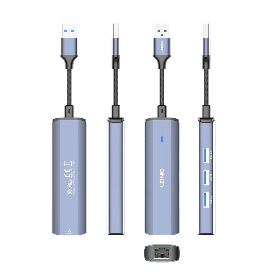 LDNIO DS-124U 4-in-1 USB-A Network Hub (14CM) | Three USB Ports and RJ45 Ethernet Expansion Adapter