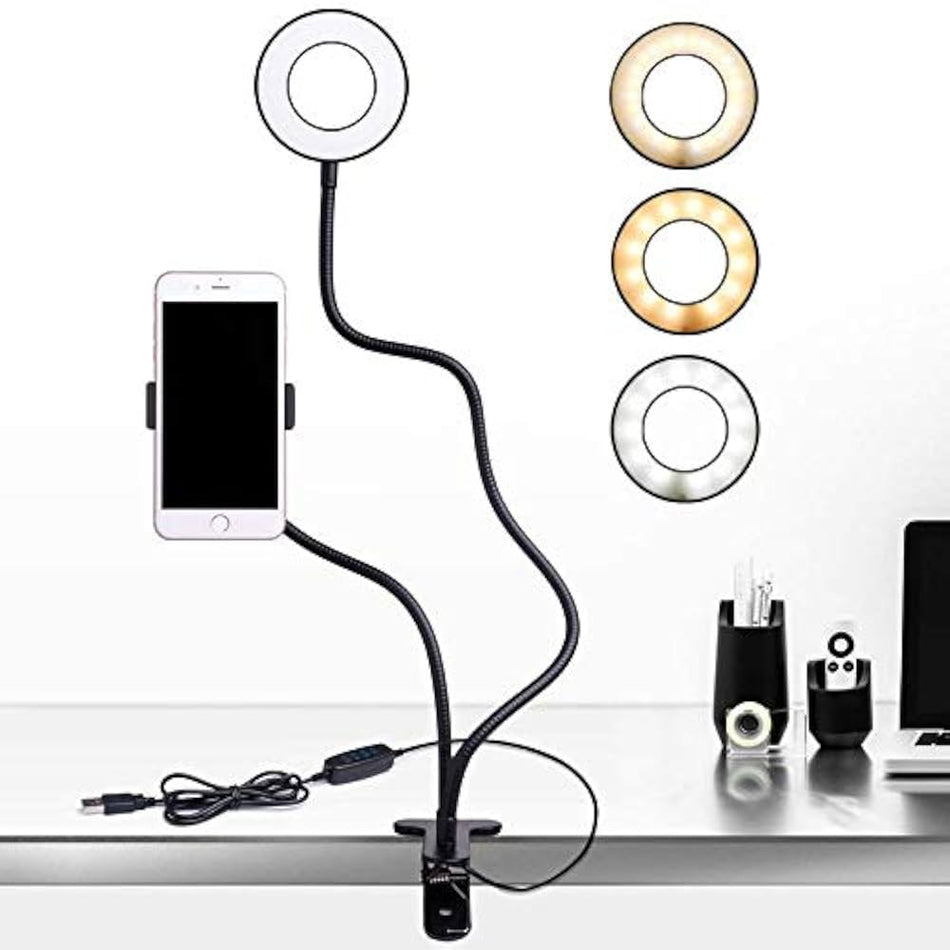 Professional 2-in-1 Desktop Live Stream Ring Light Kit (RL2IN1WB) | Dimmable LED Studio Light with Flexible Smartphone Holder & 360° Gooseneck Arm