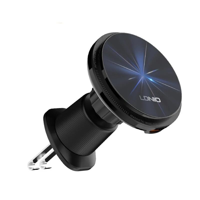 LDNI0 MA23 Universal Magnetic Car Phone Holder with 15W Wireless Charging, Strong Vent Mount for QI-Compatible Devices, 360° Adjustable Rotation, Durable Nano-Coated Glass Panel, Fast USB-C Input