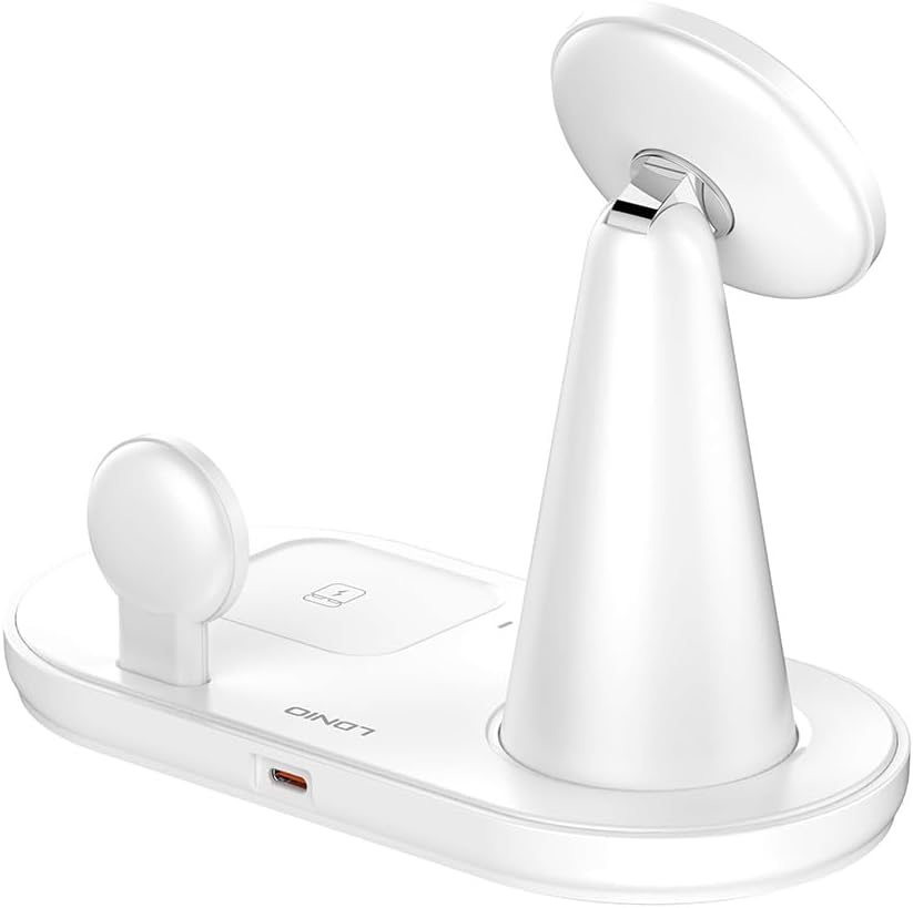 LDNIO WL01 5-in-1 Desktop Wireless Charging Station with 15W Mobile Phone Wireless + Earphones 5W + Watch 2.5W + Magnetic Stand + LED Night Light Fast Charger - White