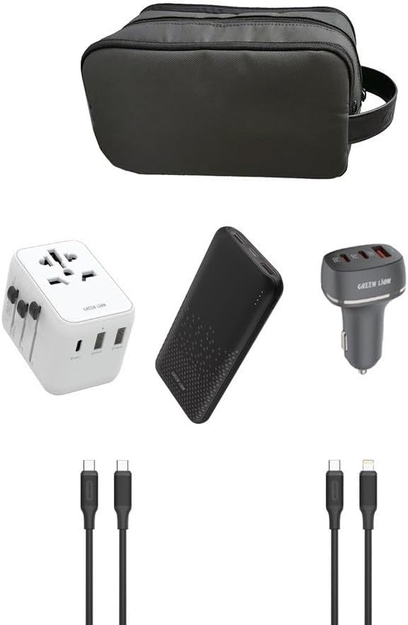 Green Lion Combo Travel Bag 6-in-1 Kit | Ultimate Premium Travel Organizer Set with Storage Pouch, Digital Scales, Power Bank, Car Charger & Braided Cable - Black (GNCTRV6N1BAG)