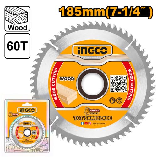 Ingco 185mm (7-1/4 Inch) 60-Teeth Professional TCT Saw Blade - High-Performance Tungsten Carbide Tipped Circular Saw Blade for Clean Woodworking (TSB118513)