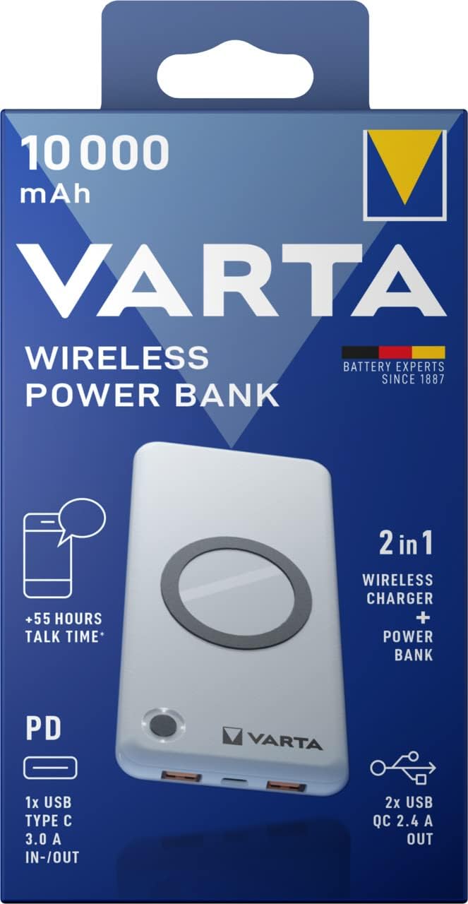VARTA 2-in-1 Power Bank and Wireless Charger, Wireless Charger, Power Bank 10,000 mAh, Qi Charging Station with USB C Charging Cable