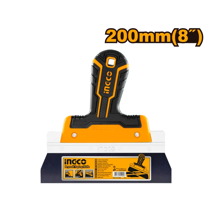 INGCO 8" (200mm) Flexible Drywall Taping Knife – Precision 0.5mm Carbon Steel Blade, Reinforced Aluminum Profile, and Ergonomic Soft-Grip Handle (HPUT78200)