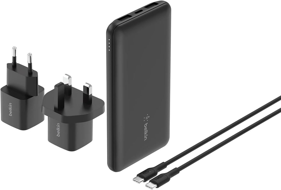 Belkin Portable Charger, 5-in-1 Power Bundle with 10000 mAh Power Bank, 2-25W USB-C Charging Block, EU/UK Plug, 60W USB-C Cable, and Travel Pouch