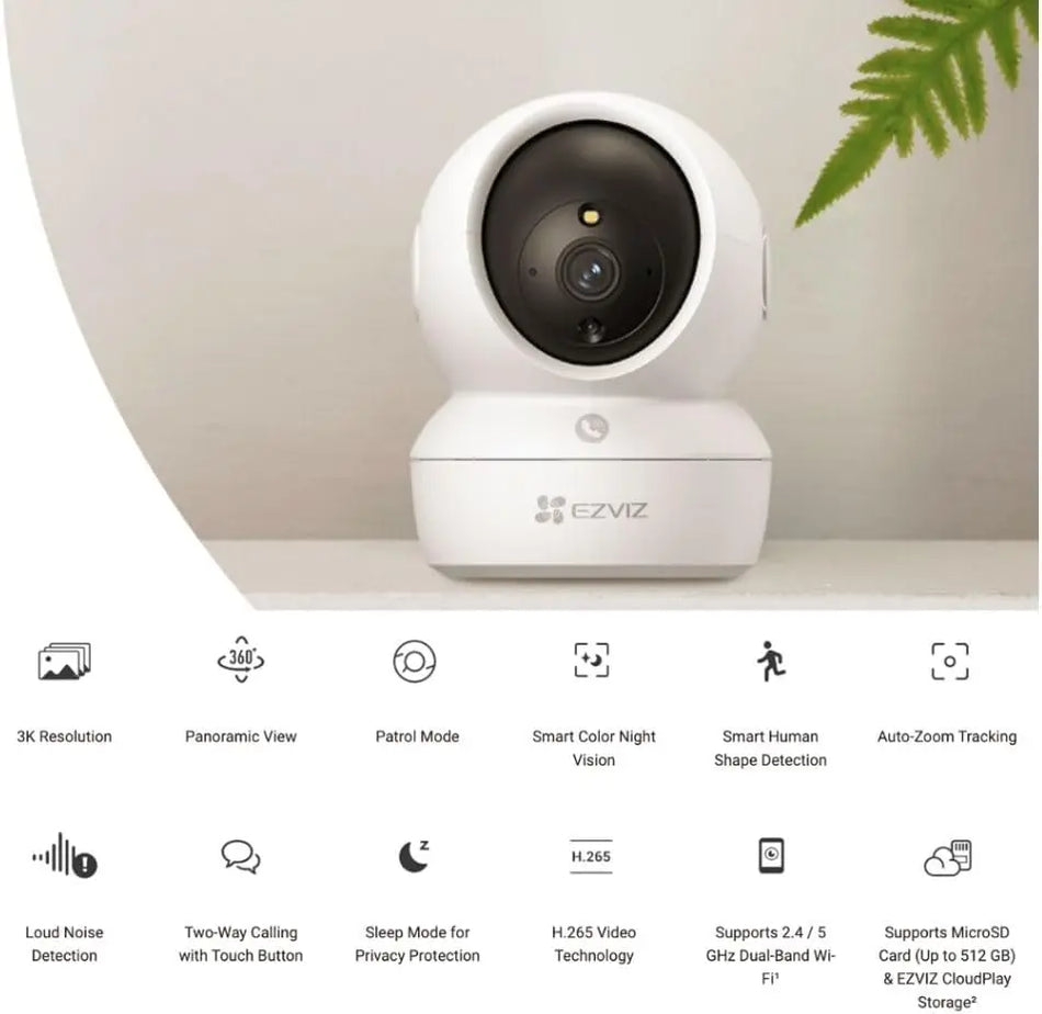 EZVIZ H6C G1 5MP 3K Indoor Pan & Tilt Smart Security Camera - 1620P Resolution, AI Human Detection, Auto-Tracking, Color Night Vision with Starlight Lens, Two-Way Talk & Sleep Mode