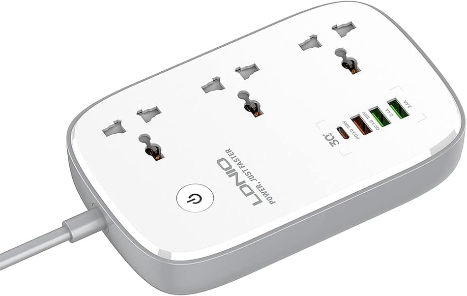 LDNIO SCW3451 WIFI Smart Power Strip with 3 Universal AC Ports 1 PD, 1 QC3.0 and 2 Auto ID Ports - White and Grey