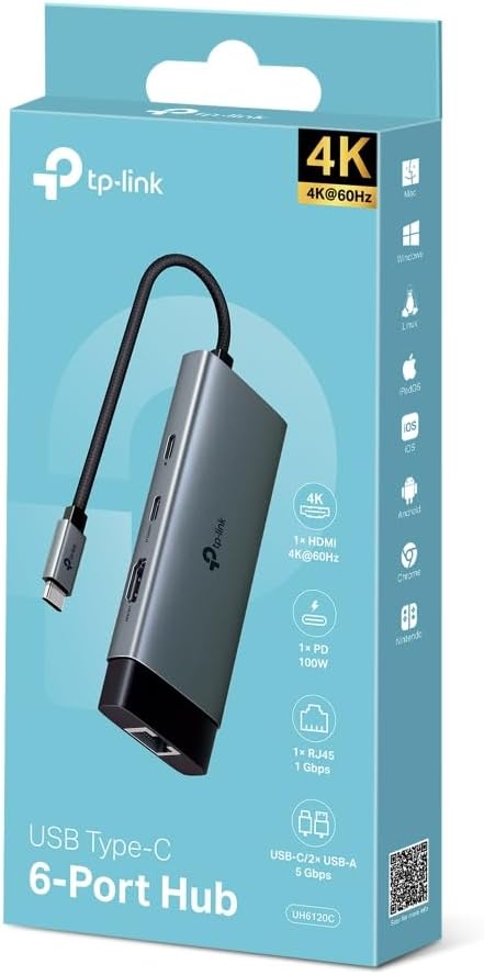 TP-Link UH6120C USB C Hub PD100W, 4K 60Hz HDMI, 1× USB C 5Gbps, 2× USB A 5Gbps, Gigabit Ethernet, Compatible with MacOS, Windows, Linux, iPad OS, iOS, Android, ChromeOS, Nintendo