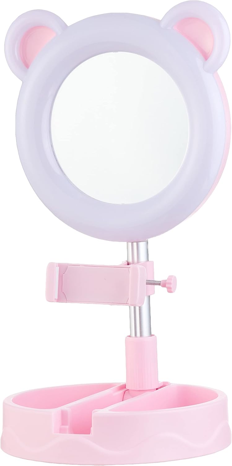 D3 Foldable Desktop Makeup Mirror & LED Ring Light 2-in-1 Combo | Extendable Multi-Section Live Stream Stand, 3 Color Modes & Integrated Smartphone Cradle