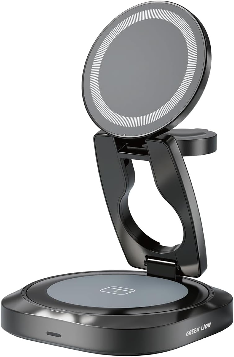 Green Lion Qi2.2 Mag Flex 3-In-1 Wireless Charger 25W, Fast Charging Multi Device for Phone & Earbuds & Watch, Premium Finish, Non-Slip Base Pad, LED Indicator, Multi-Layer Safety - Gray