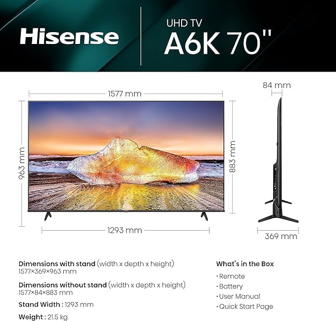 Hisense 70" UHD 4K 2023 70A6K, Smart TV VIDAA U6, Dolby Vision, HDR 10+, Game Mode, Alexa Built-in, DVB-T2/S2 HEVC 10 Tuner, Lativu 4K [Energy Class G]