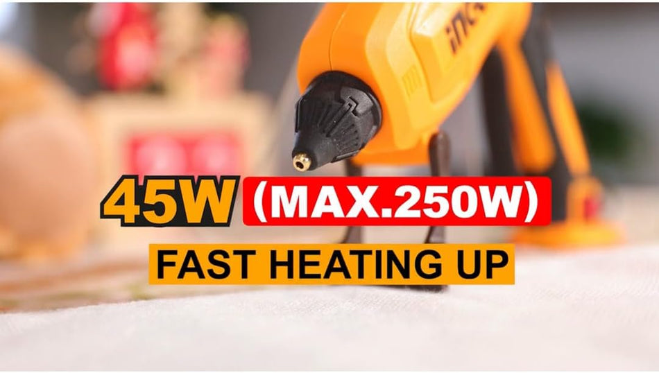INGCO Professional Hot Glue Gun 250W (GG408) – Heavy-Duty Electric Gluer, Fast 3–5 Minute Heat-Up, Stable 15–20g/min Gluing Capacity, Ergonomic Trigger, Includes 8 Pieces of 11.2mm Diameter Glue Sticks