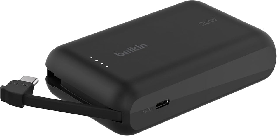 Belkin BoostCharge power bank 10000mAh, portable power bank with integrated cable PD 20W, fast charge USB-C power delivery