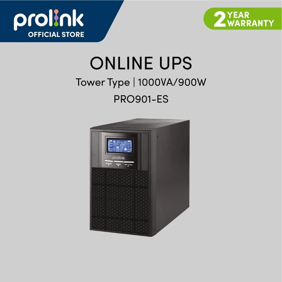 Prolink (PRO901ES) 1000VA / 900W Pure Sine Wave Online UPS Power Backup Battery Uninterruptible Power Supply with AVR (For Data Center, Medical Equipment, Office Workplace, ATM, Kiosk machine)
