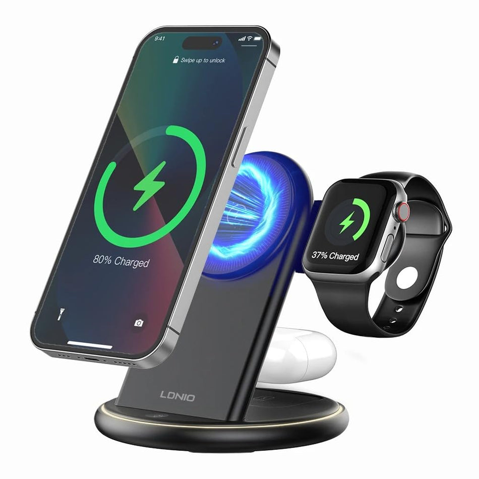 LDNIO WL02 5-in-1 Desktop Wireless Charging Station 30CM Type C with 15W Mobile Phone Wireless + Earphones 5W + Watch 2.5W + Magnetic Stand + LED Night Light Fast Charger - Black