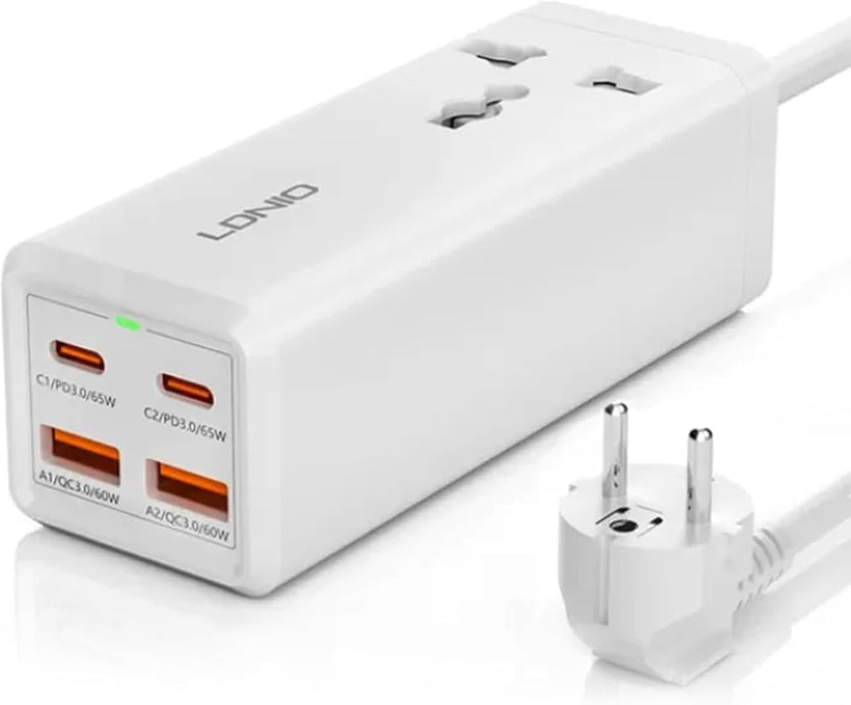 LDNIO SC1418 65W Max GaN 5-in-1 Multifunction Universal Power Strip Desktop Adapter with 1 AC Outlet, 4 USB Ports & 200CM Extension Cord