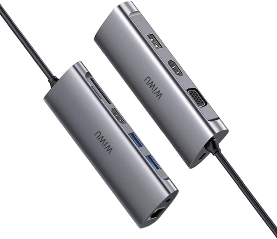 WiWU Alpha A11 11-in-1 USB-C All-in-One Hub 4K HDMI VGA RJ45 USB 3.0 SD/TF PD Audio Multiport Dock Gray