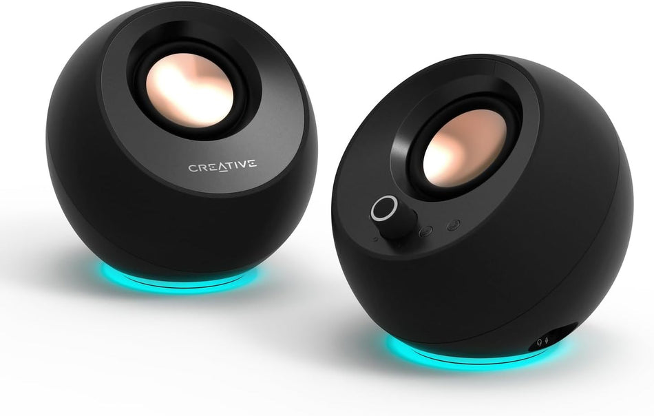Creative Pebble Pro Minimalist 2.0 USB-C Computer Speakers with Bluetooth 5.3 and Customizable RGB Lighting, Clear Dialog and BassFlex Tech, USB Audio, Headset Port, for PC and Mac (Black or White)