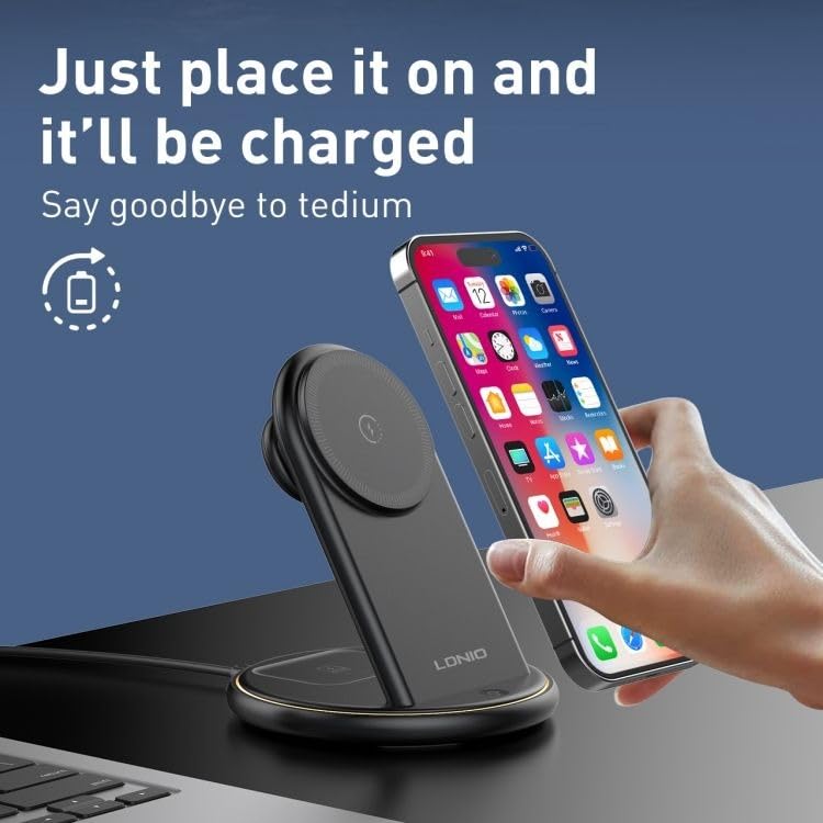 LDNIO WL02 5-in-1 Desktop Wireless Charging Station 30CM Type C with 15W Mobile Phone Wireless + Earphones 5W + Watch 2.5W + Magnetic Stand + LED Night Light Fast Charger - Black