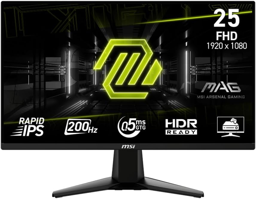 MSI MAG 255F E20 25-inch 1920 x 1080 (FHD) Gaming Monitor, 200Hz, AMD FreeSync Premium, HDMI, DisplayPort, VESA, Tilt, Height Adjustable, Speaker, 0.5ms, Black
