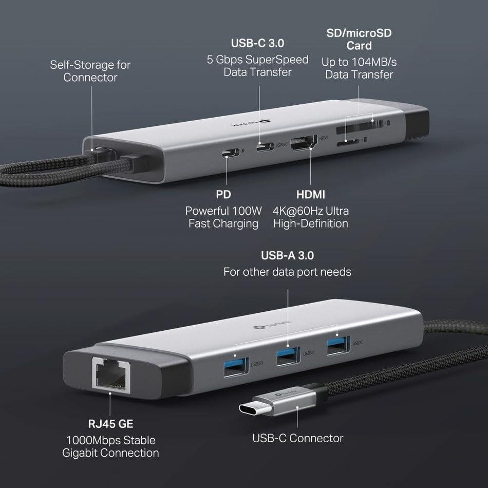 TP-Link UH9120C, USB Type-C 9-in-1 Hub, 4K@60Hz HDMI, 1Gbps Ethernet, SD & microSD UHS-I, 100W Power Delivery, 1×USB-C Data Port, 3×USB-A Data Ports