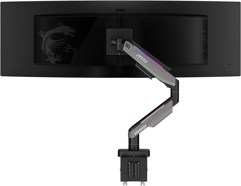 MSI MPG MT201RG Premium RGB Single Monitor Arm (Heavy Duty Gas Spring, Supports 17" - 49" Screens, Up to 20kg Capacity, VESA 75x75/100x100, 360° Rotatable Base, Clamp & Grommet Desk Mount, Matte Black / Dark Grey)