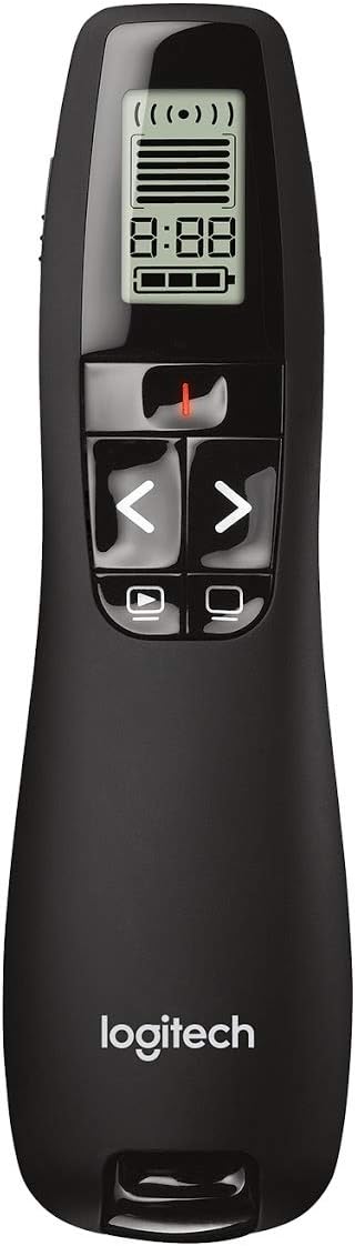 Logitech R800 Professional Presenter | Wireless Presentation Clicker with Brilliant Green Laser Pointer Interactive LCD Timer Screen and 30-Meter Range - Black (910-001358)