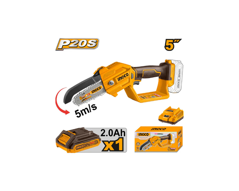 INGCO 20V Lithium-Ion Pruner Saw (CGSLI20581) – 5" (13cm) Bar Length, 5m/s Chain Speed, Compact and Lightweight Design for Precise Garden Pruning and Maintenance.