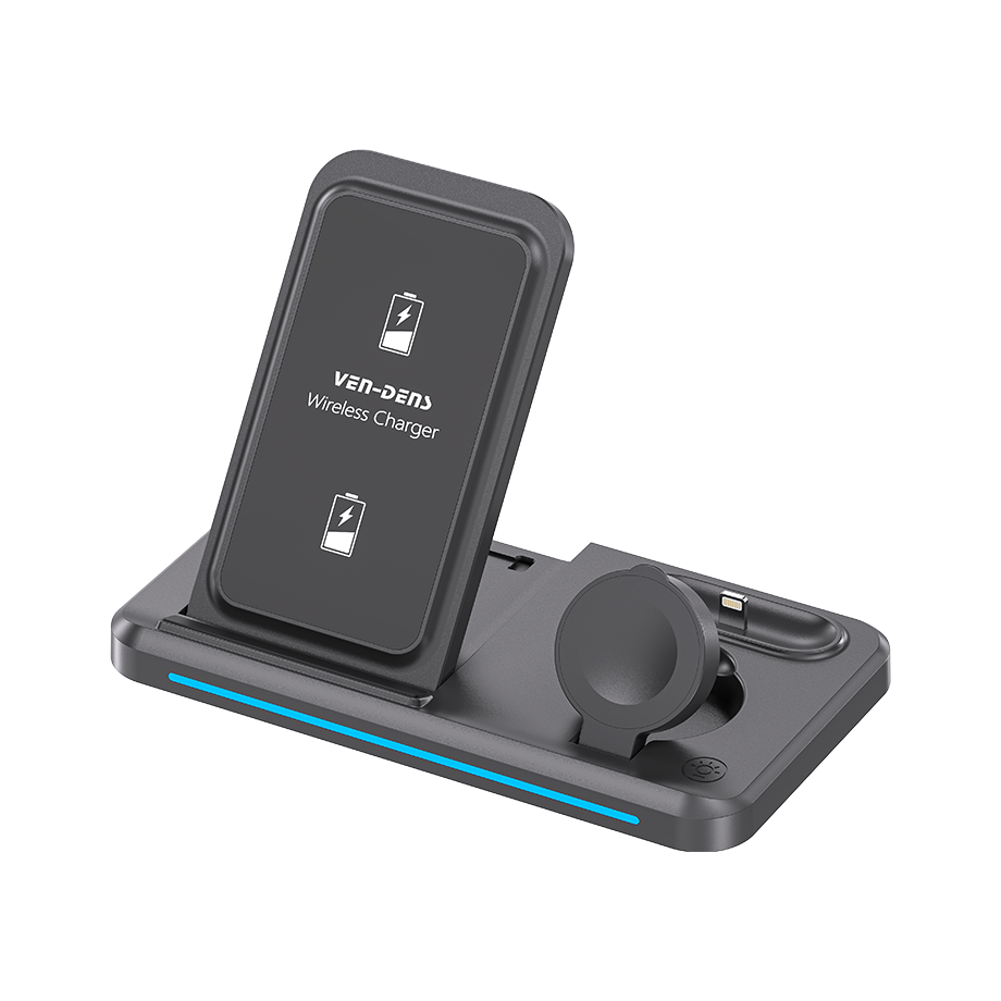 Ven-Dens VD-WLC016 15W 3-in-1 Fast Wireless Charger Stand | Multi-Device Desktop Charging Station for Smartphone, Smartwatch & Earbuds