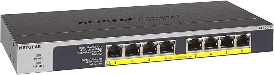 NETGEAR GS108LP 8-Port Gigabit Ethernet Unmanaged PoE Switch - with 8 x PoE+ @ 60W