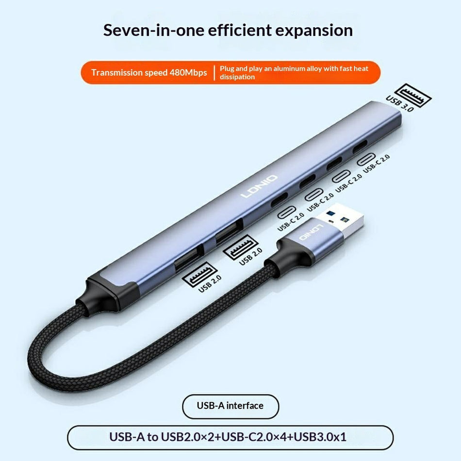 LDNIO DS-87U | 7-in-1 Premium Aluminum USB-A Multi-Function Docking Station (14cm Cable) | 1x USB 3.0 + 2x USB 2.0 + 4x Type-C High-Speed Data Hub