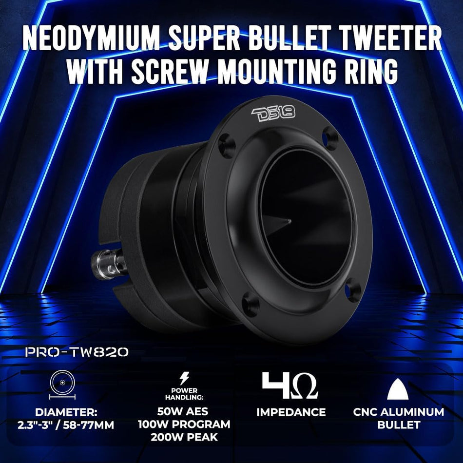 DS18 PRO-TW820 1-Inch High-Compression Aluminum Super Tweeter, 200 Watts Max, 100 Watts RMS, 4-Ohm Pro Audio Component Car and Truck Loudspeaker with Built-In Crossover (Single)