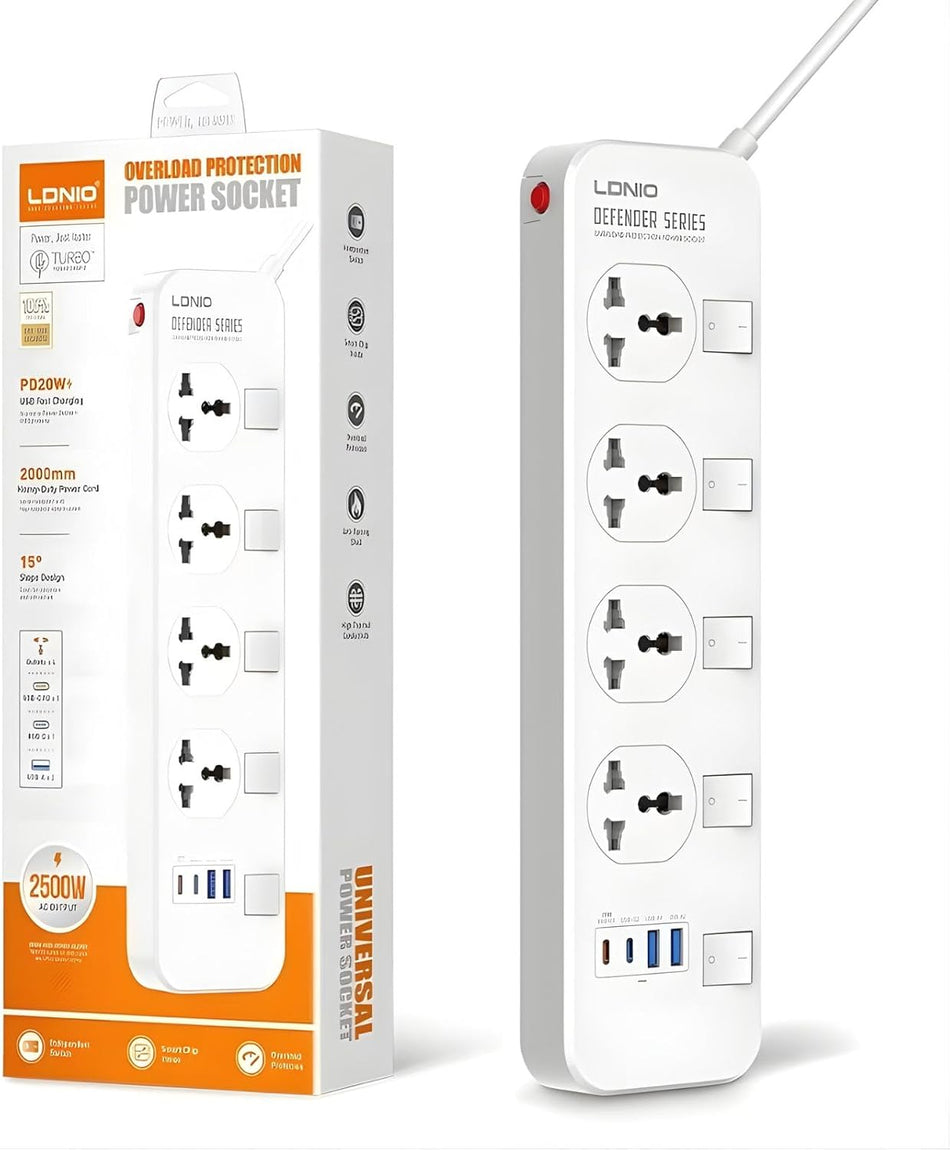 LDNIO SC4408C Universal Power Strip | Surge Protector | 8 Ports (4 UK AC Outlets + PD20W USB Output) | Individual Switches | 2M Power Cord