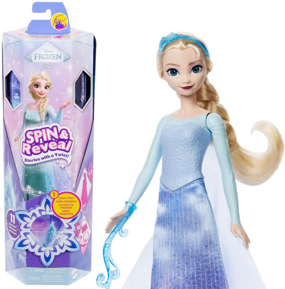 Mattel Disney Frozen Elsa Fashion Doll Set, Spin & Reveal with 11 Surprises Including 5 Accessories, 5 Stickers & Play Scene, Inspired by Disney Movie (JDD39)