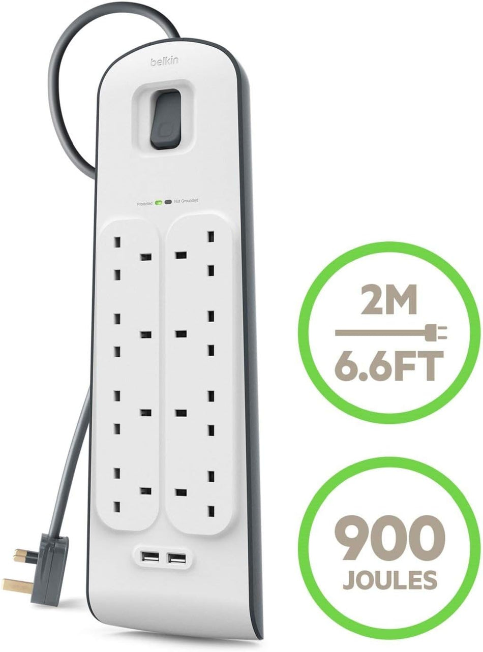Belkin 8-Outlet Surge Protection Strip 2M Power Cord 2.4A Dual USB Charging (BSV804AF2M)
