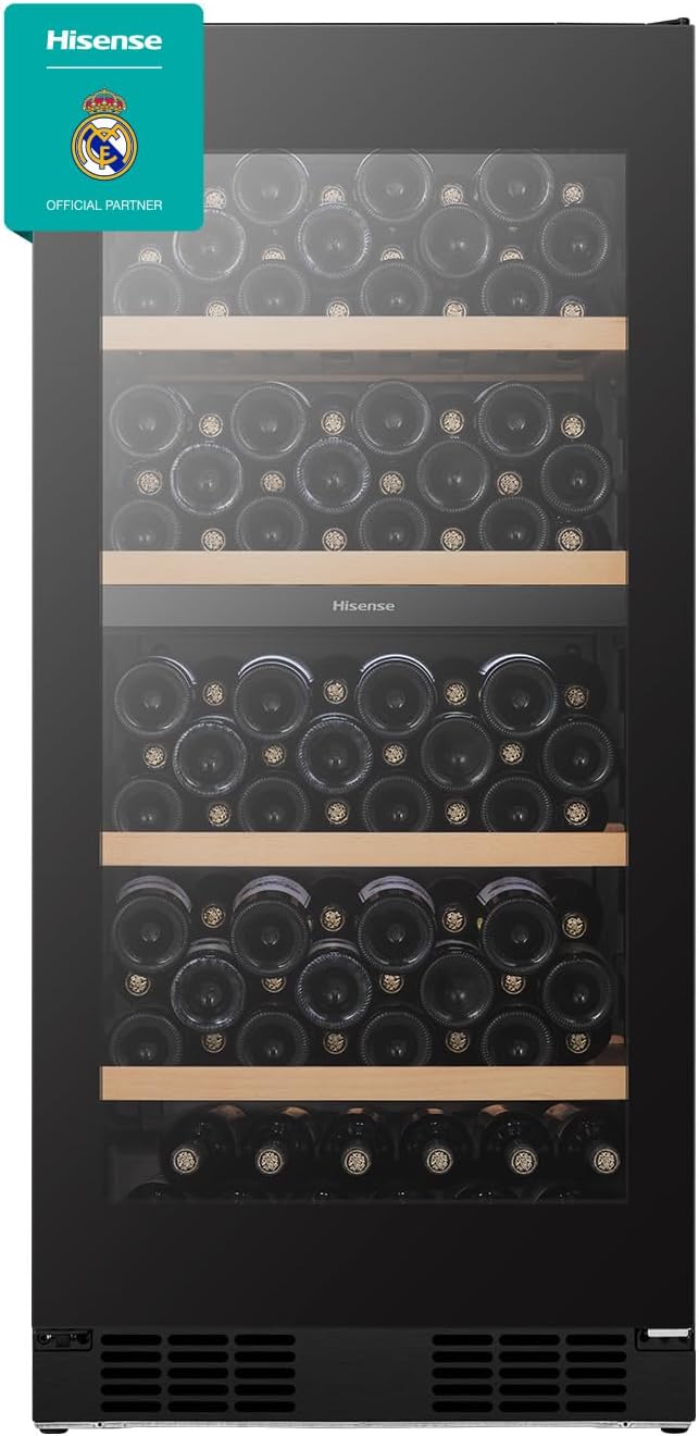 Hisense 108-Bottle Premium Dual-Zone Wine Chiller,  Temp Zone, Low Noise, Reversible Door, 59.5x59.7x126.2 cm (W/D/H), Black, (Euro Design & Seamless Integration) - RW3N230GELF