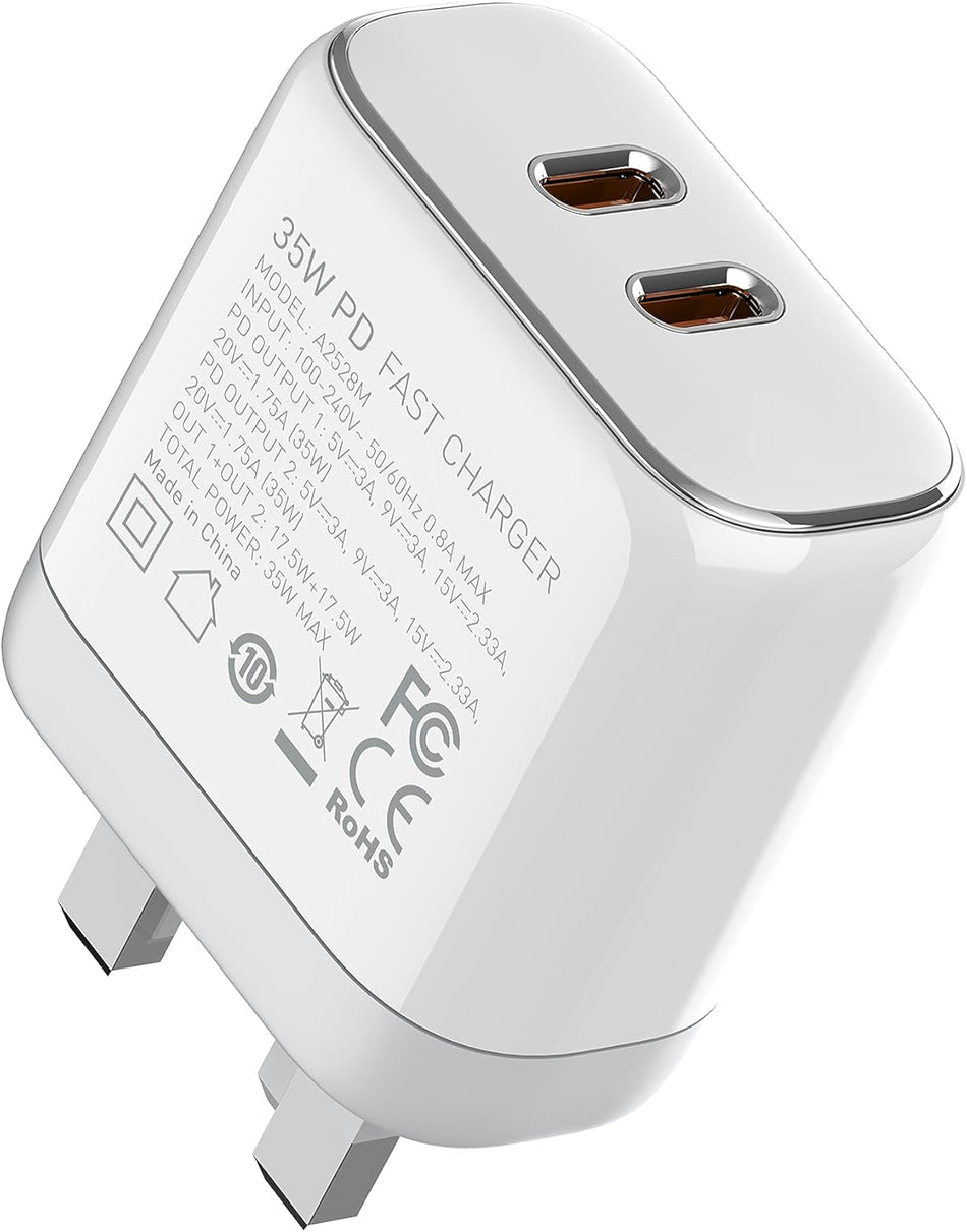 LDNIO A2528M Fast Wall Charger 35W Dual USB-C Port Compatible With Apple Devices MFi , With Type-C To Lightning Cable- White