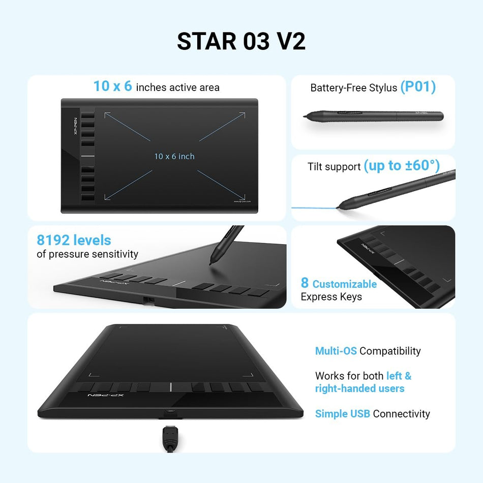 XP Pen Star03 V2 Drawing Tablet Graphics Drawing Pen Tablet with 8192 Levels Pen Pressure Battery