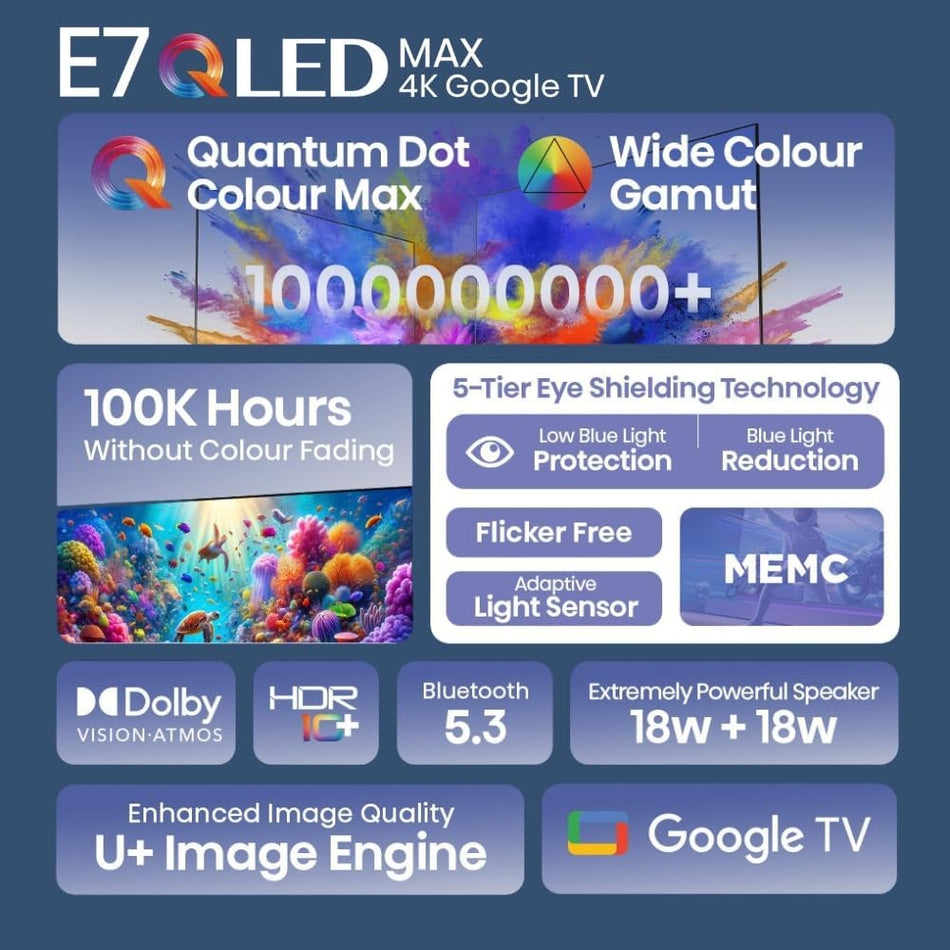 Hisense E7N-Quantum Dot Color 75" QLED Smart TV, AI Picture, Dolby Vision, Dolby Atmos, Share to TV, Voice Control, Filmmaker Mode, YouTube, Netflix, Disney+ and Shahid, 75E7N