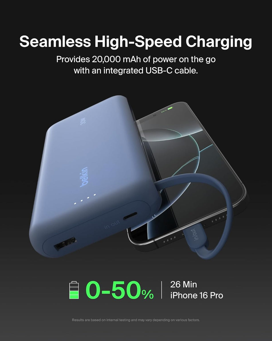 Belkin BoostCharge Power Bank 20K with Integrated USB-C Cable PD 30W - Blue (BPB024HQBL)