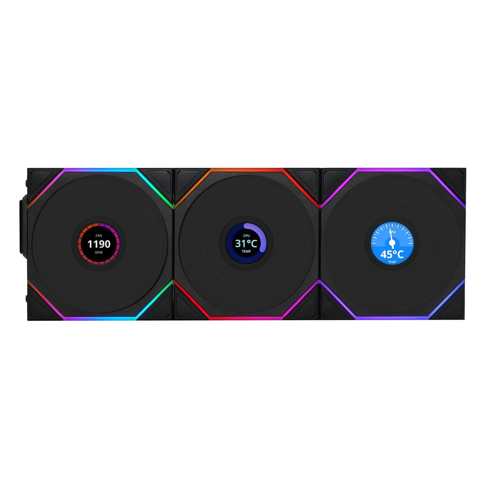 Lian Li UNI Fan TL LCD Wireless 120-Triple Pack-2.4 GHz Wireless Signal ARGB Fan-Infinity Mirror-Daisy-Chain Design-Customizable Lighting Effects-Controller Included & Required - Black