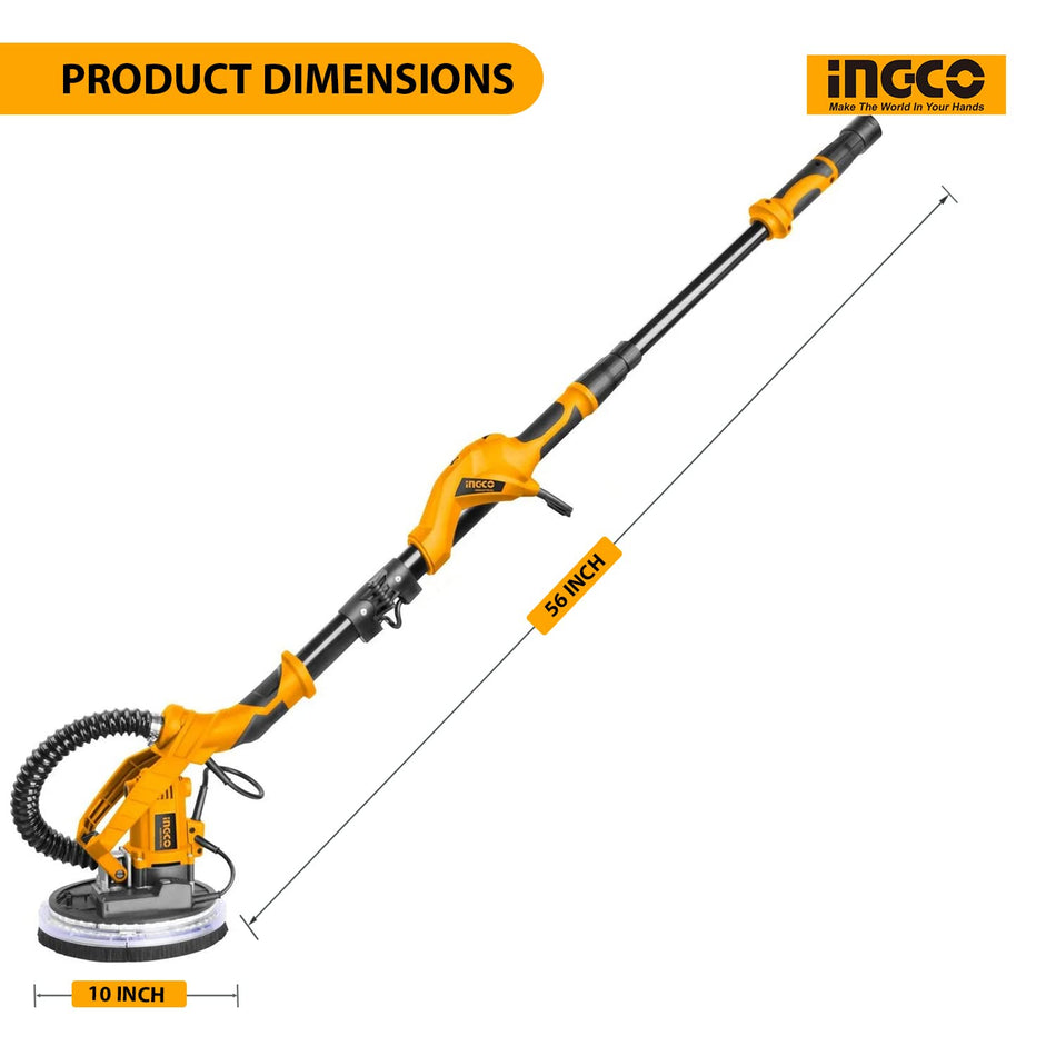 INGCO Drywall Sander Machine Extendable Handle Variable Speed Switch Sanding Walls Removing Paints with Auto Dust Collection Storage Bag (DWS10501)