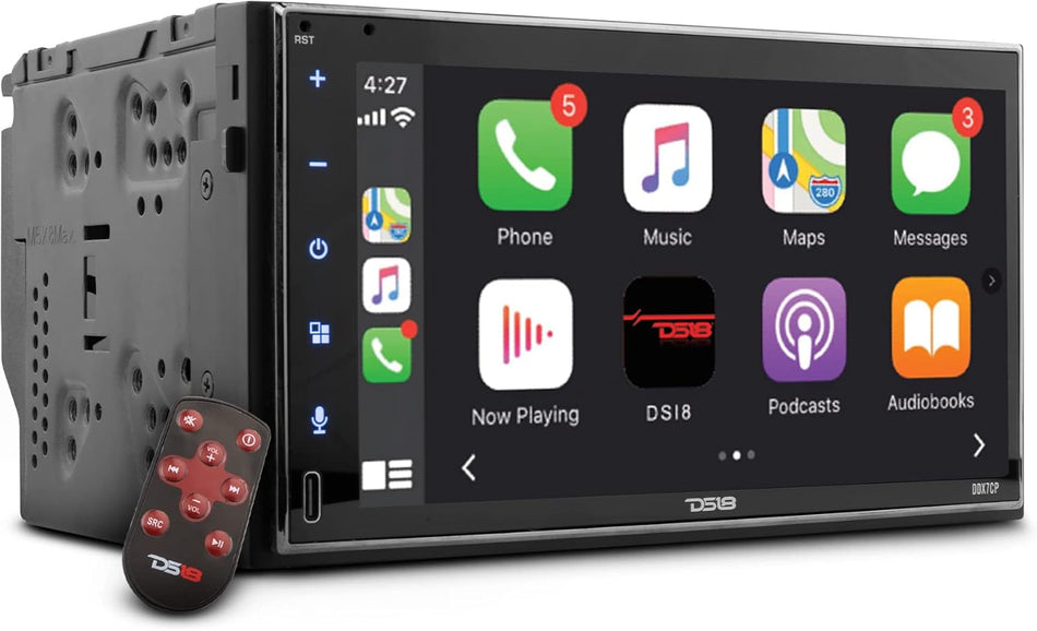 DS18 DDX7CP 7-Inch Double-DIN Touchscreen Digital Media Receiver, Apple CarPlay & Android Mirror Link, Built-In Bluetooth 5.0, Front Type-C & Rear USB Ports, 4.5V Pre-Amp RCA Outputs, AM/FM RDS Radio, Backup Camera Input, Wireless Remote Control Included