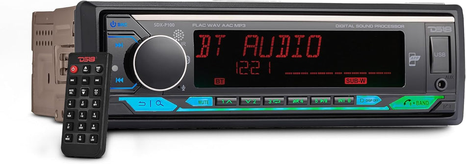 DS18 SDX-P100 Single-DIN In-Dash Digital Media Receiver, 4" LCD Display, Built-In DSP with 24-Band EQ & Time Alignment, Bluetooth Audio & Hands-Free Calling, Front USB & AUX, 3 Sets of 3.5V Pre-Amp RCA Outputs, Detachable Faceplate Remote Control Include